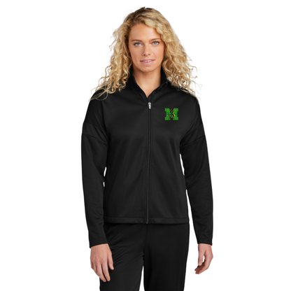 Woman wearing a black jacket with a logo on a white background