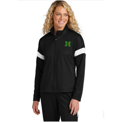 Woman wearing a black jacket with a logo on a white background