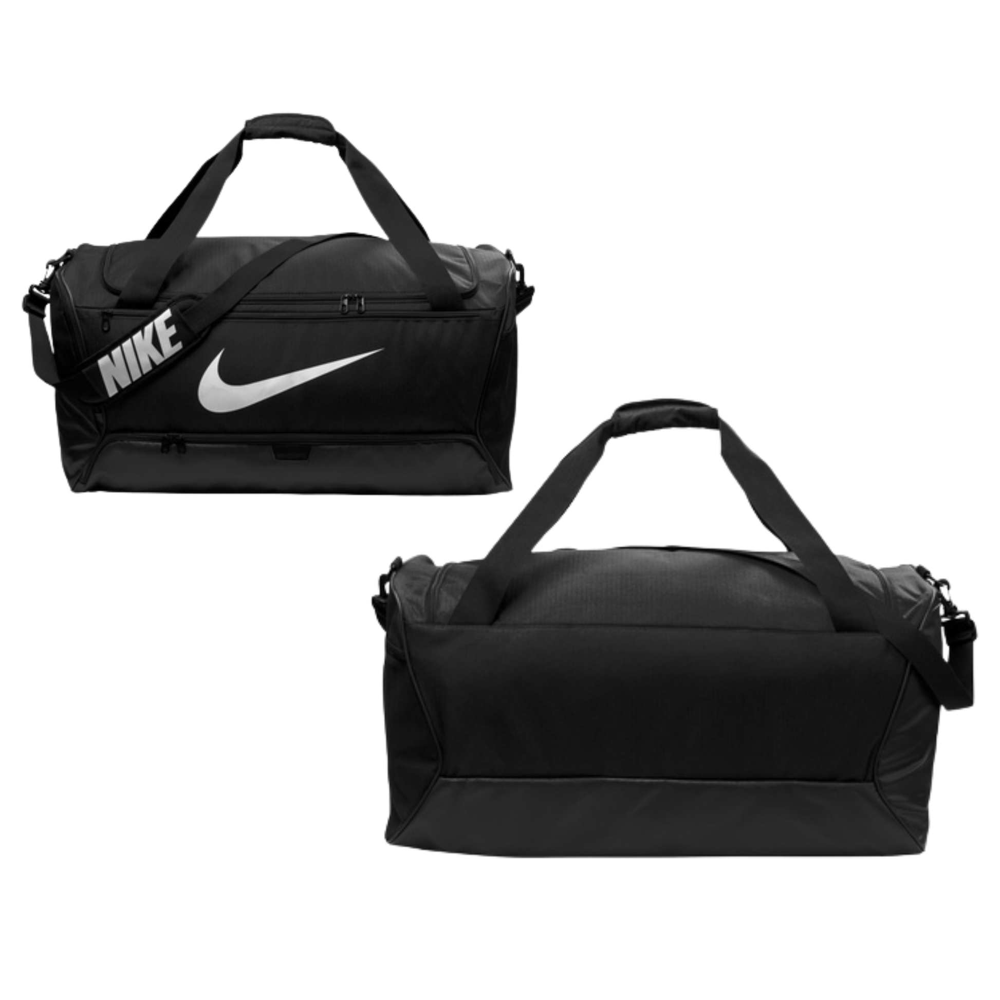 Black duffel bag with Nike logo on a white background