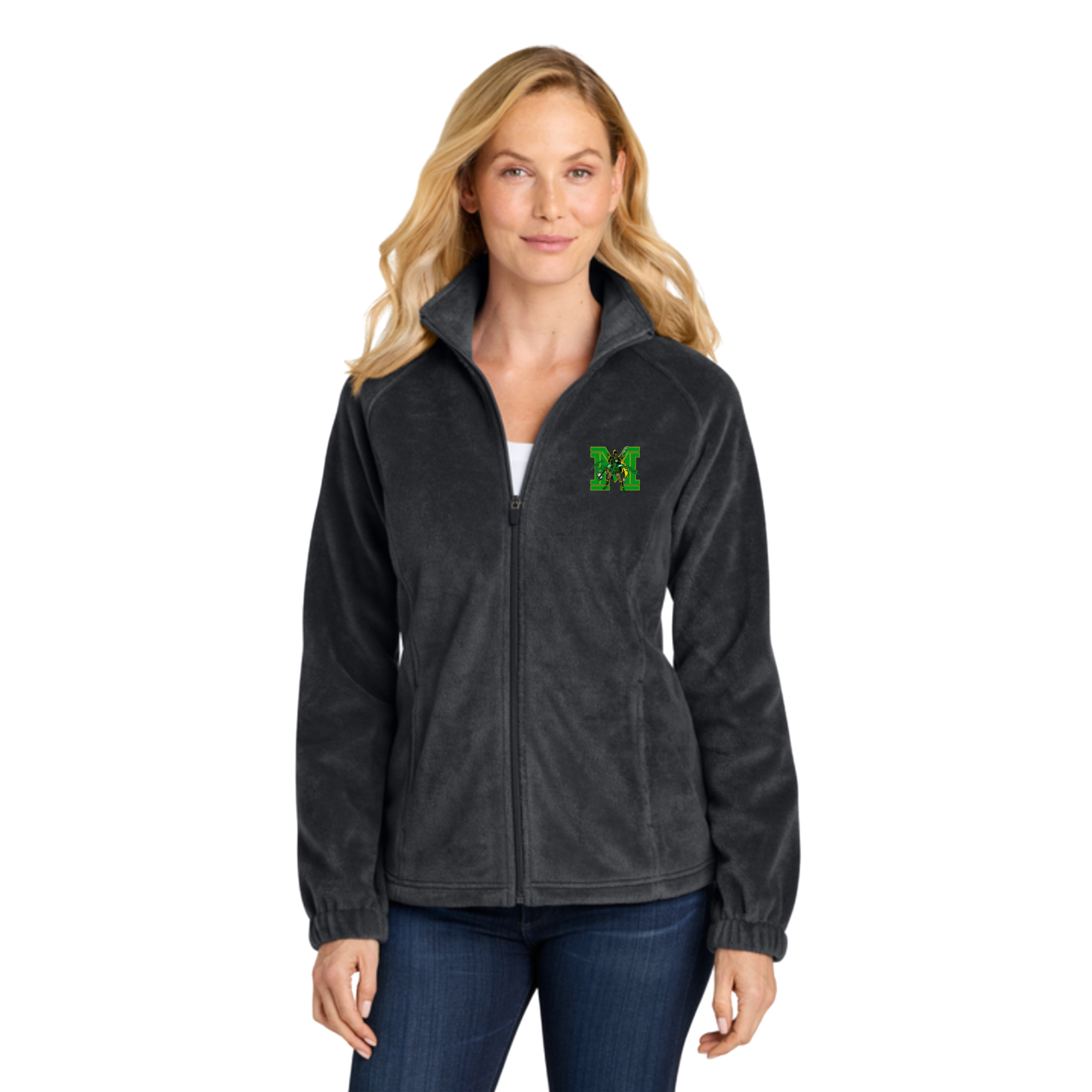 Woman wearing a dark gray fleece jacket with a logo on a white background